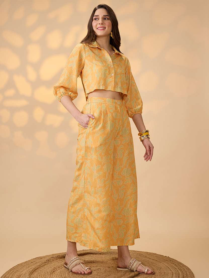 globus women yellow collared neck bishop sleeves floral print crop shirt with palazzos fusion co-ord set - 21998003 -  Standard Image - 2