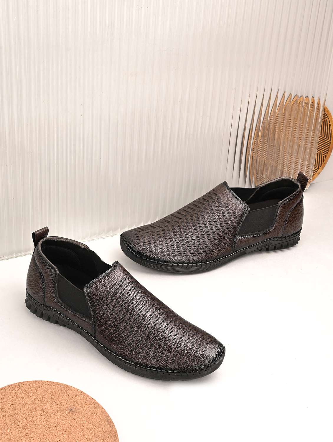 men brown slip on casual shoes