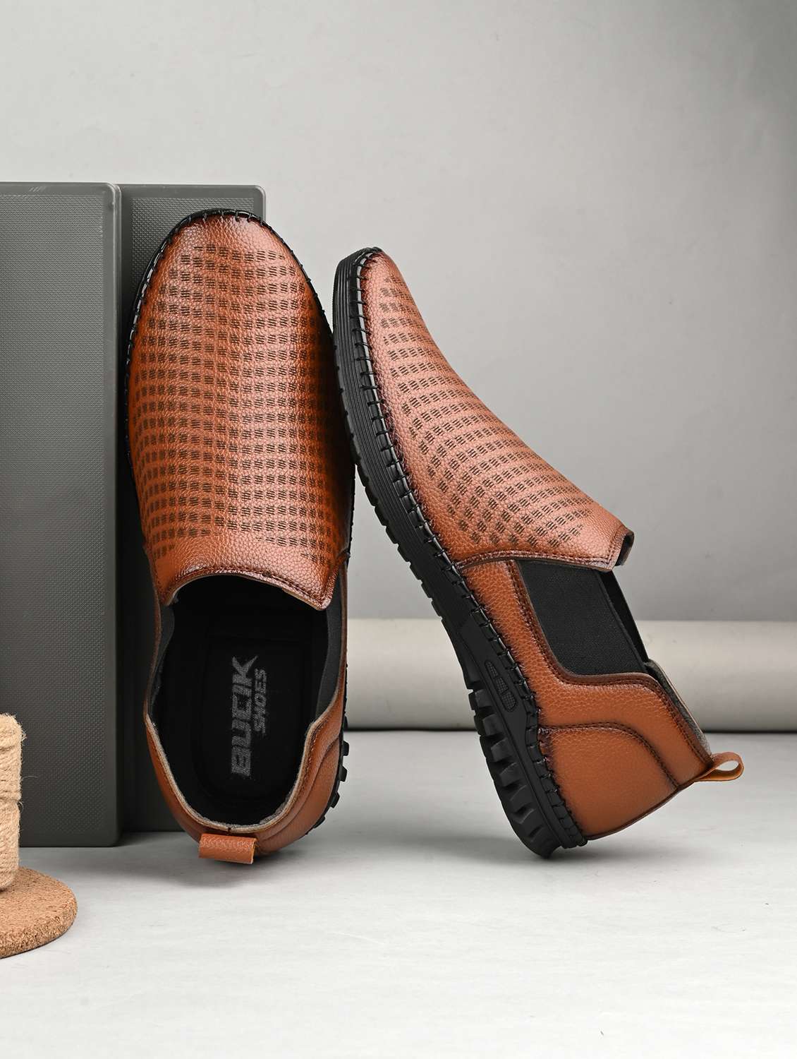 men tan slip on casual shoes