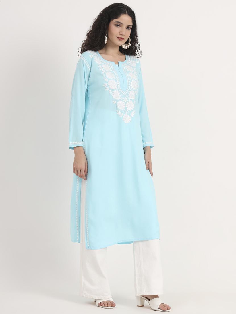 women solid with work long sleeve straight chikankari kurta - 21998103 - Standard Image - 2