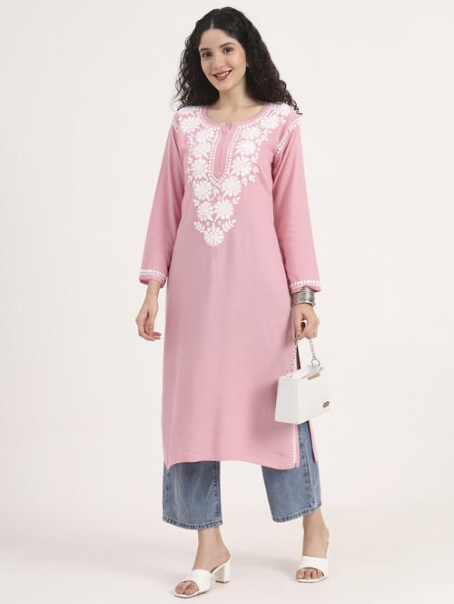 women solid with work long sleeve straight chikankari kurta - 21998104 - Standard Image - 0