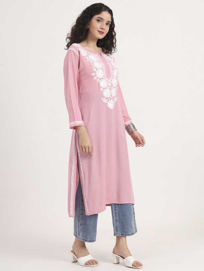 women solid with work long sleeve straight chikankari kurta - 21998104 - Standard Image - 2