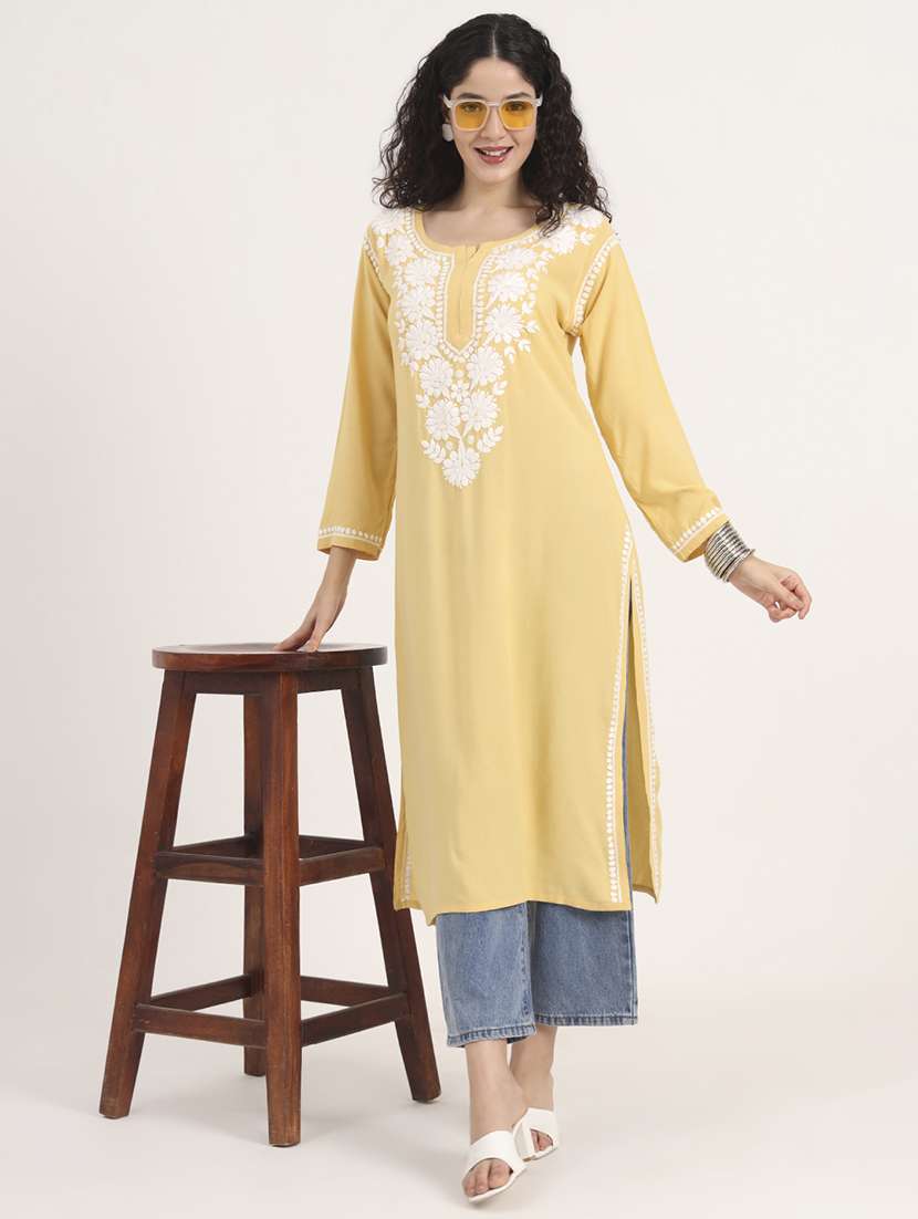 women solid with work long sleeve straight chikankari kurta