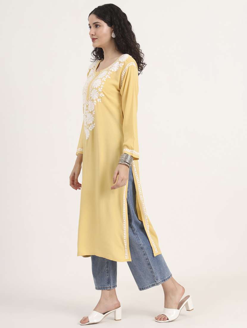 women solid with work long sleeve straight chikankari kurta - 21998105 - Standard Image - 2