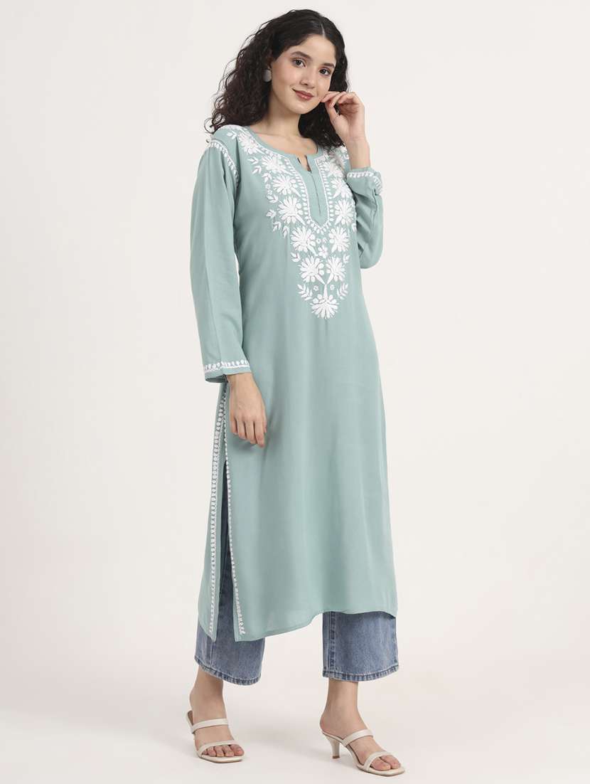 women solid with work long sleeve straight chikankari kurta - 21998106 - Standard Image - 2