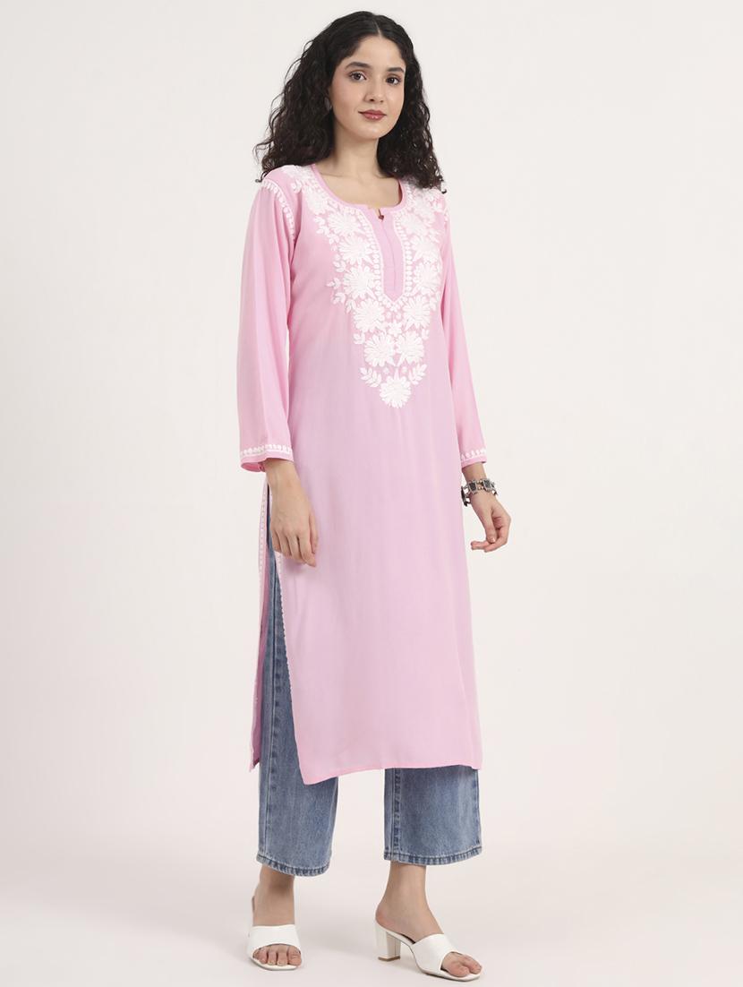 women solid with work long sleeve straight chikankari kurta - 21998107 - Standard Image - 2