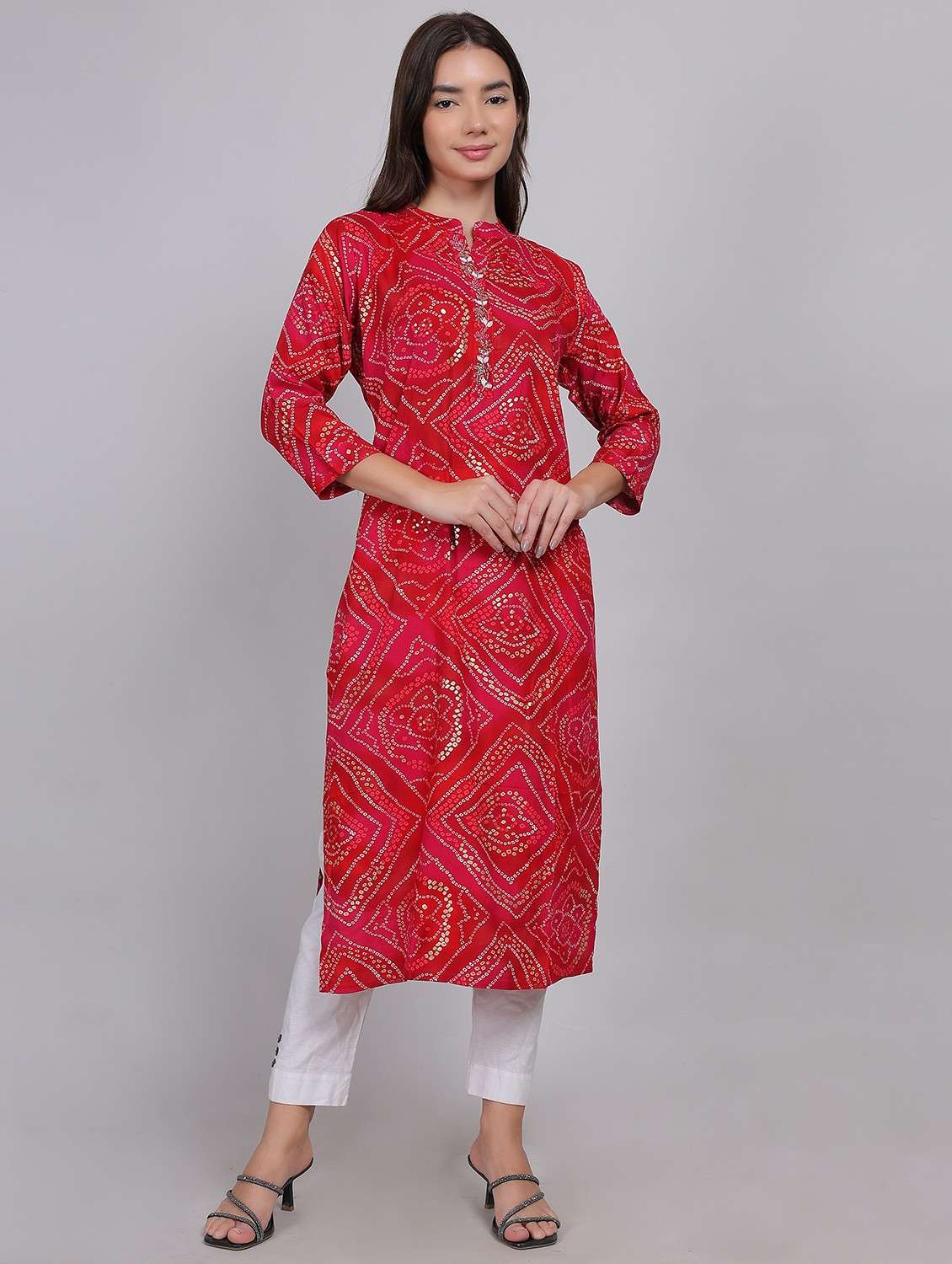women bandhani printed three quarter sleeve straight kurta - 21998109 -  Standard Image - 2