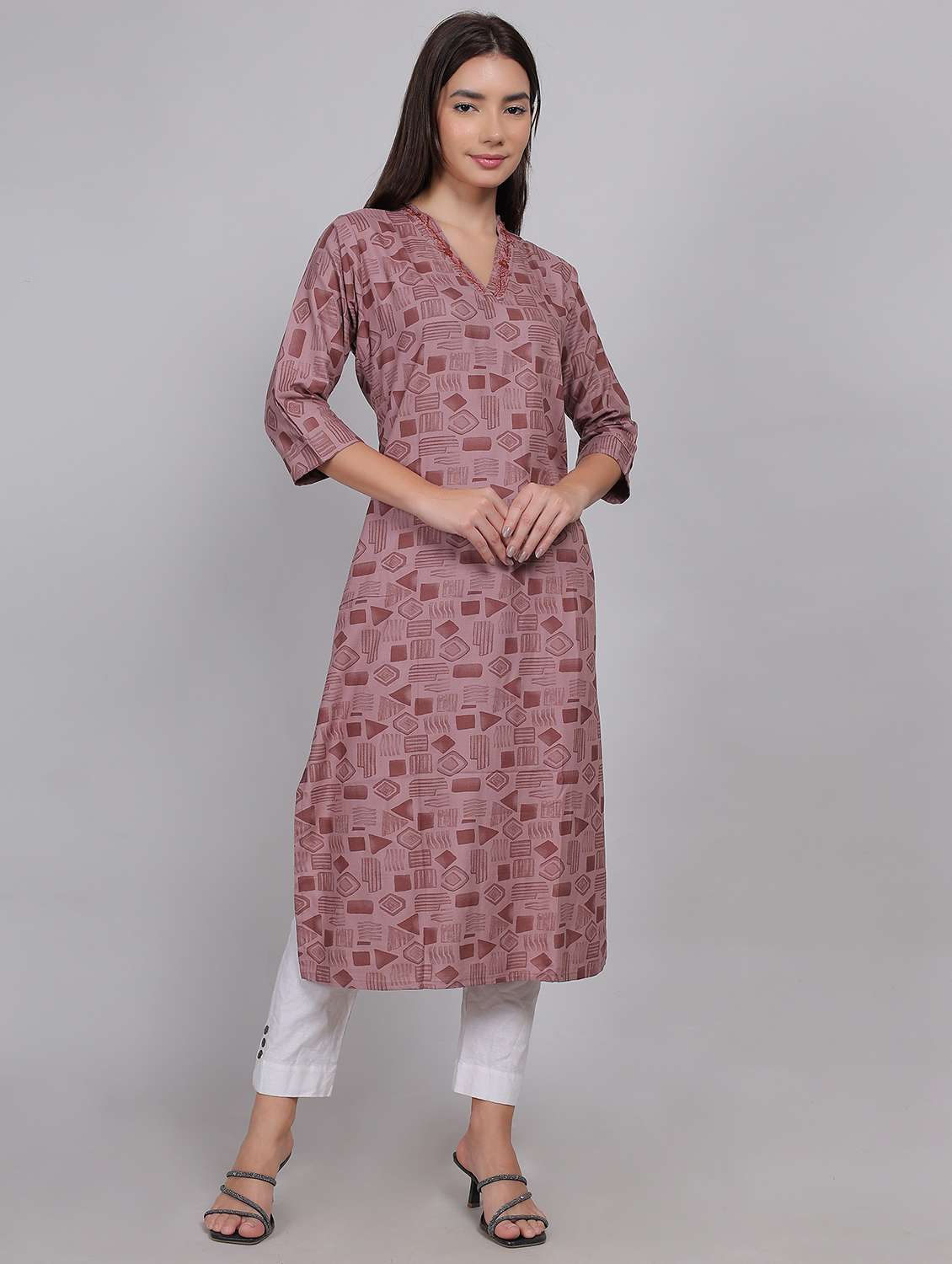 women printed three quarter sleeve straight kurta - 21998110 - Standard Image - 2
