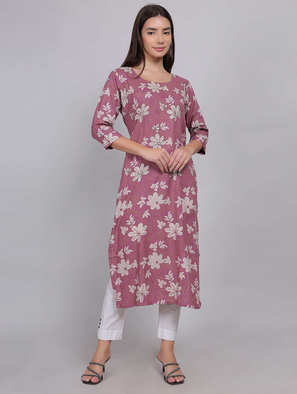 women floral printed three quarter sleeve straight kurta - 21998111 - Standard Image - 2
