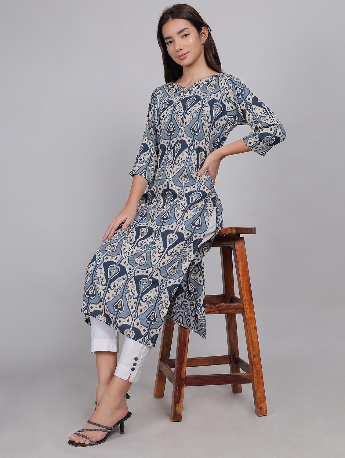 women printed three quarter sleeve straight kurta - 21998113 - Zoom Image - 0