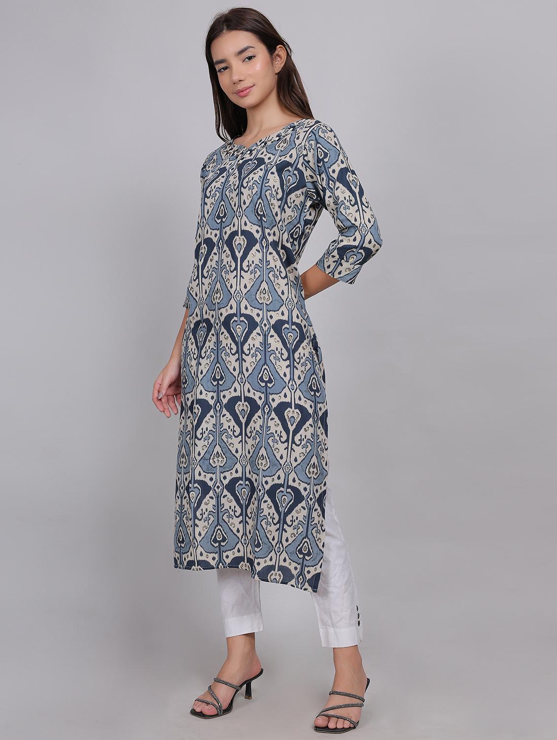 women printed three quarter sleeve straight kurta - 21998113 - Standard Image - 2