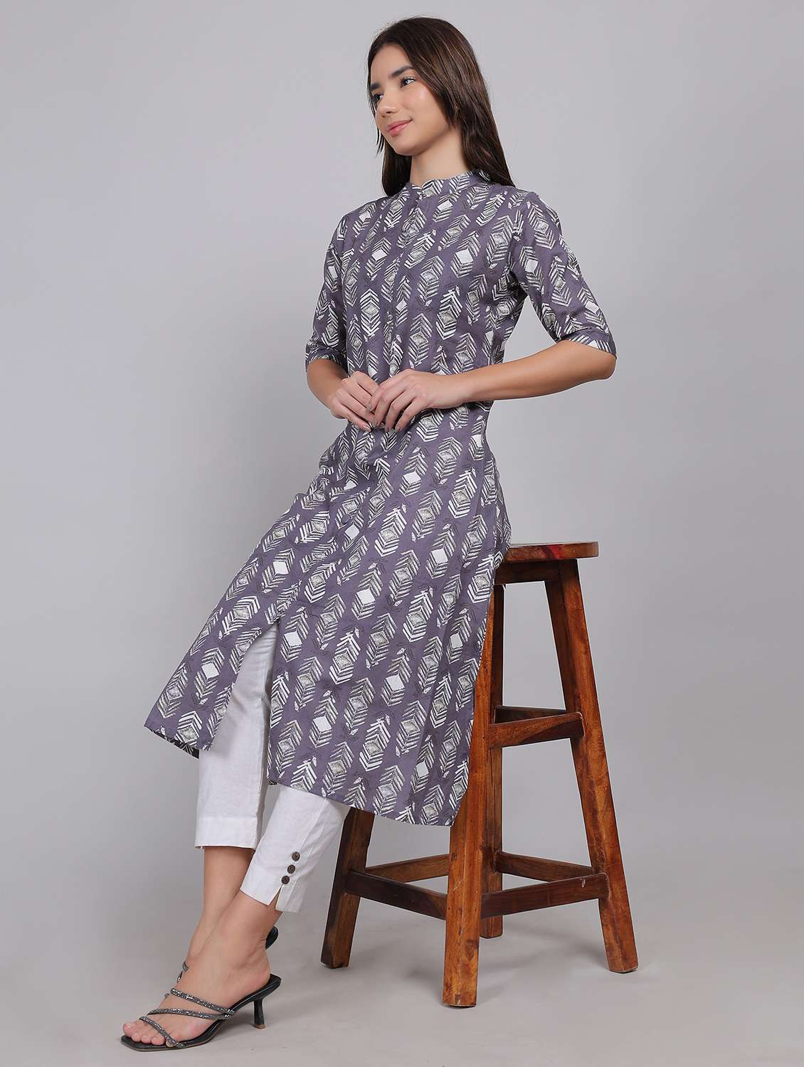 women printed elbow length sleeve a-line kurta
