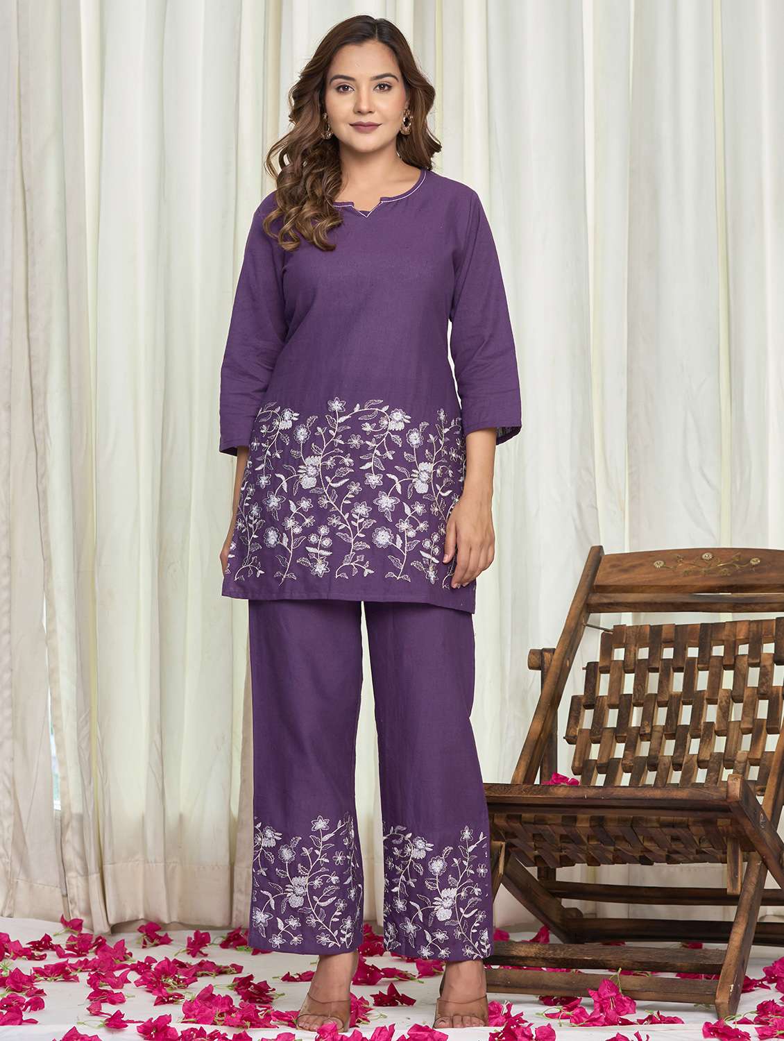 women floral three quarter sleeve ethnic co-ord set