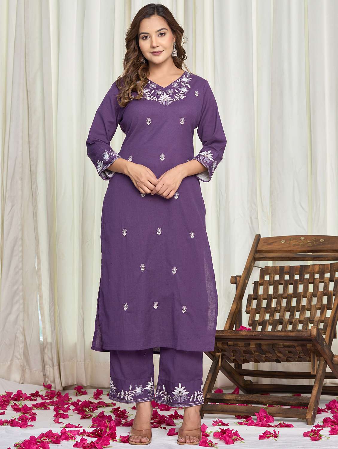 women solid with work three quarter sleeve kurta palazzo set