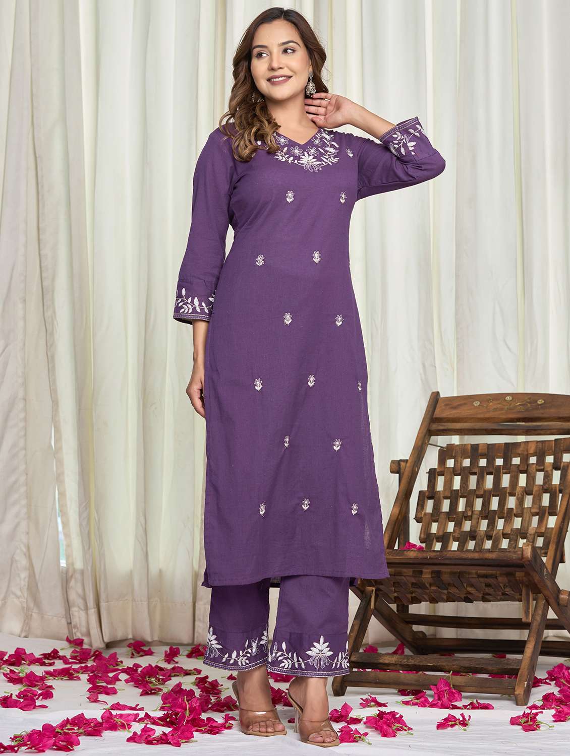 women solid with work three quarter sleeve kurta palazzo set - 21998120 - Standard Image - 2