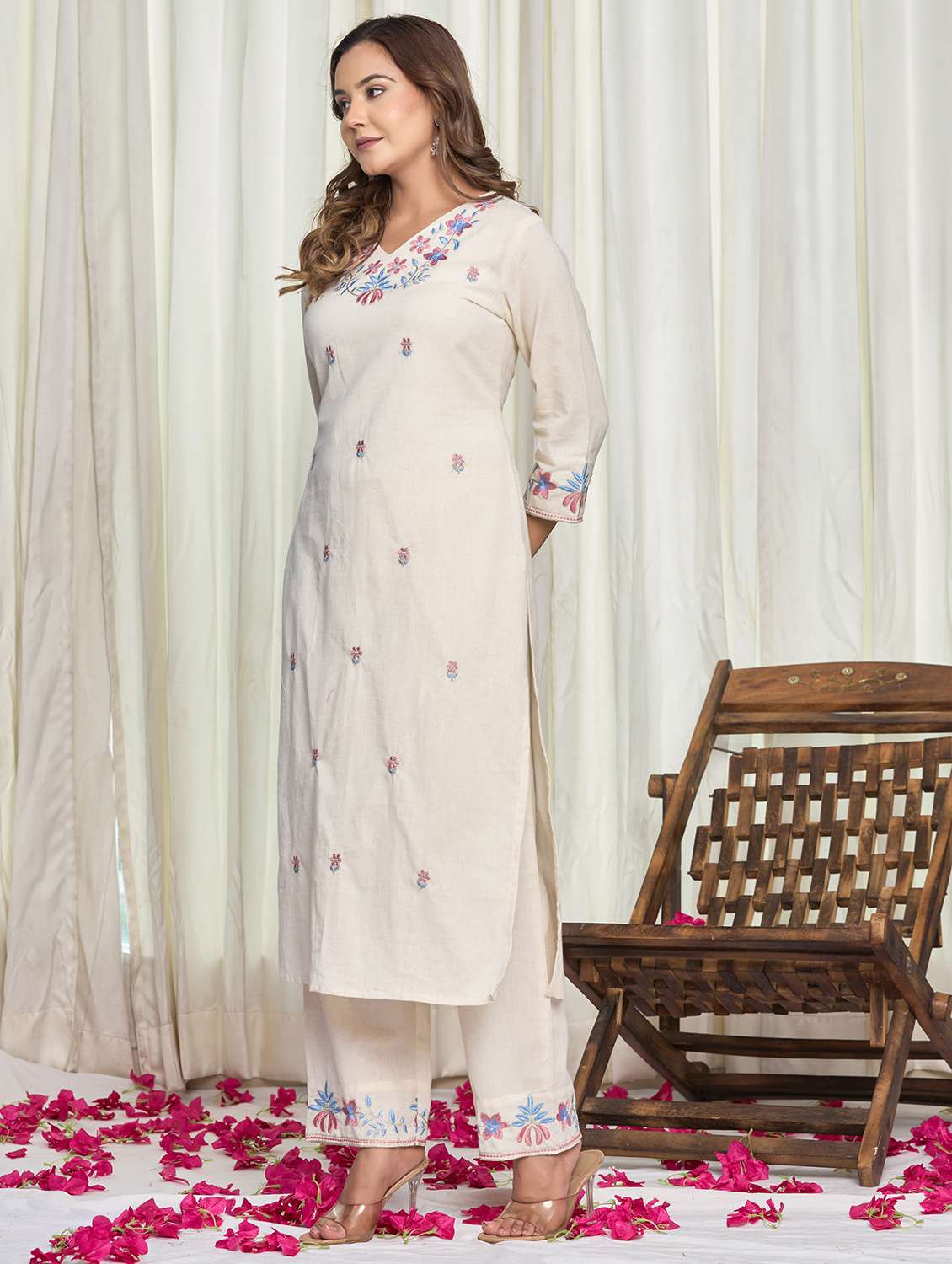 women solid with work three quarter sleeve kurta palazzo set - 21998121 -  Standard Image - 2