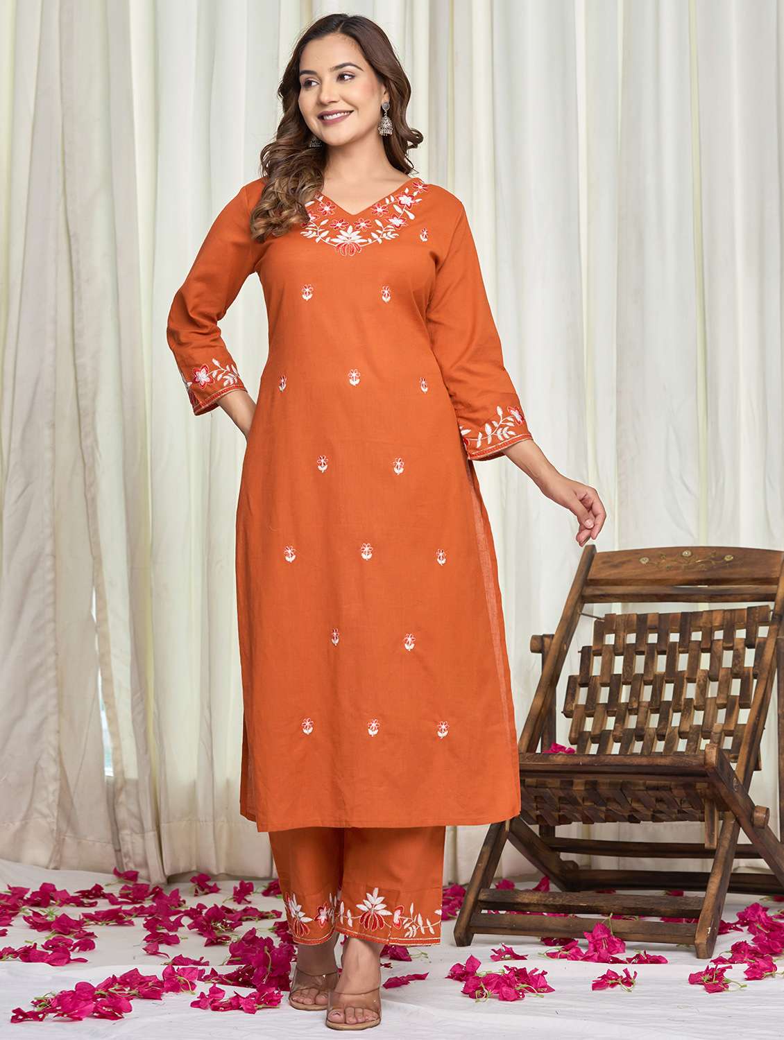 women solid with work three quarter sleeve kurta palazzo set