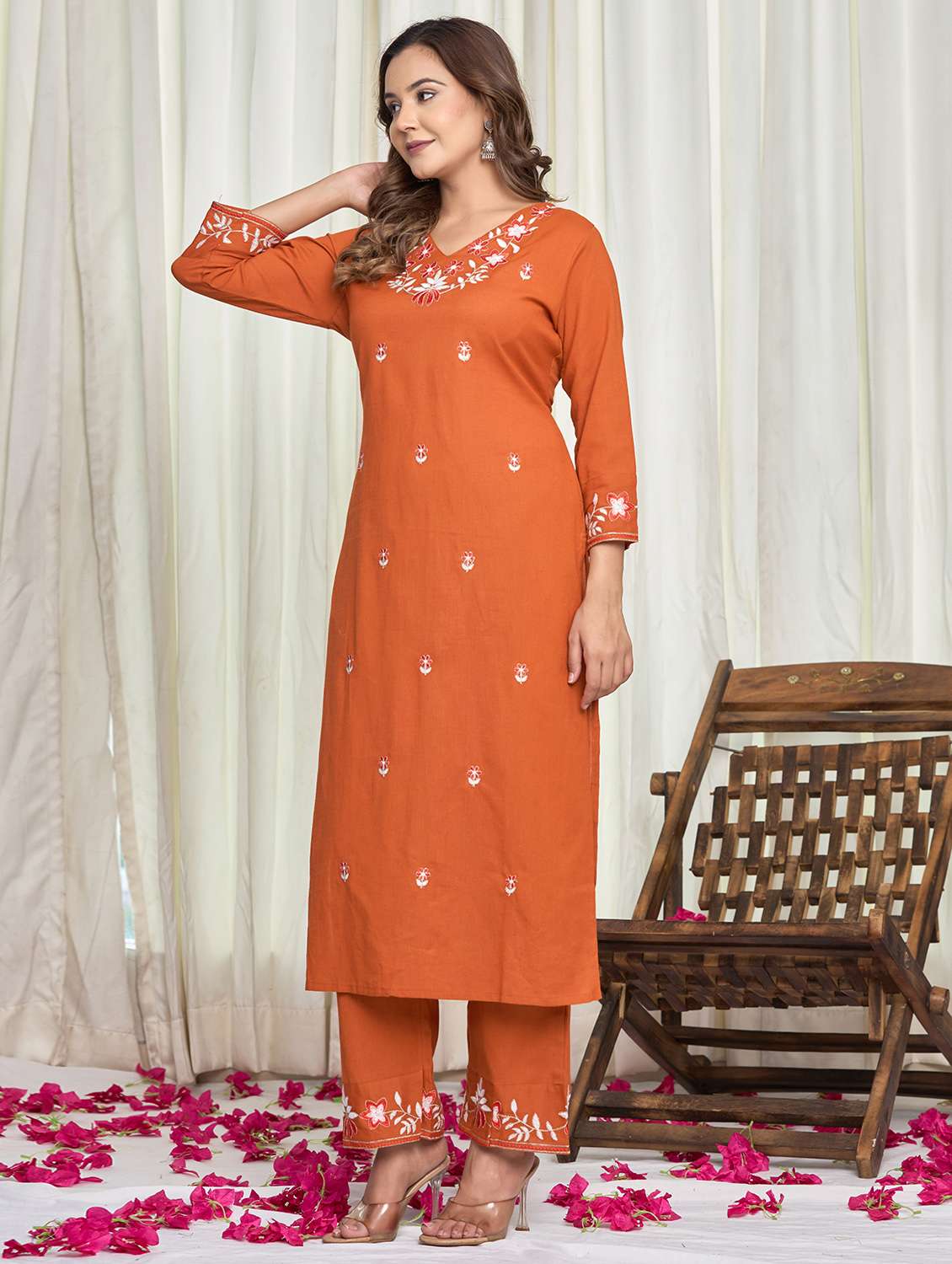 women solid with work three quarter sleeve kurta palazzo set - 21998122 - Standard Image - 2