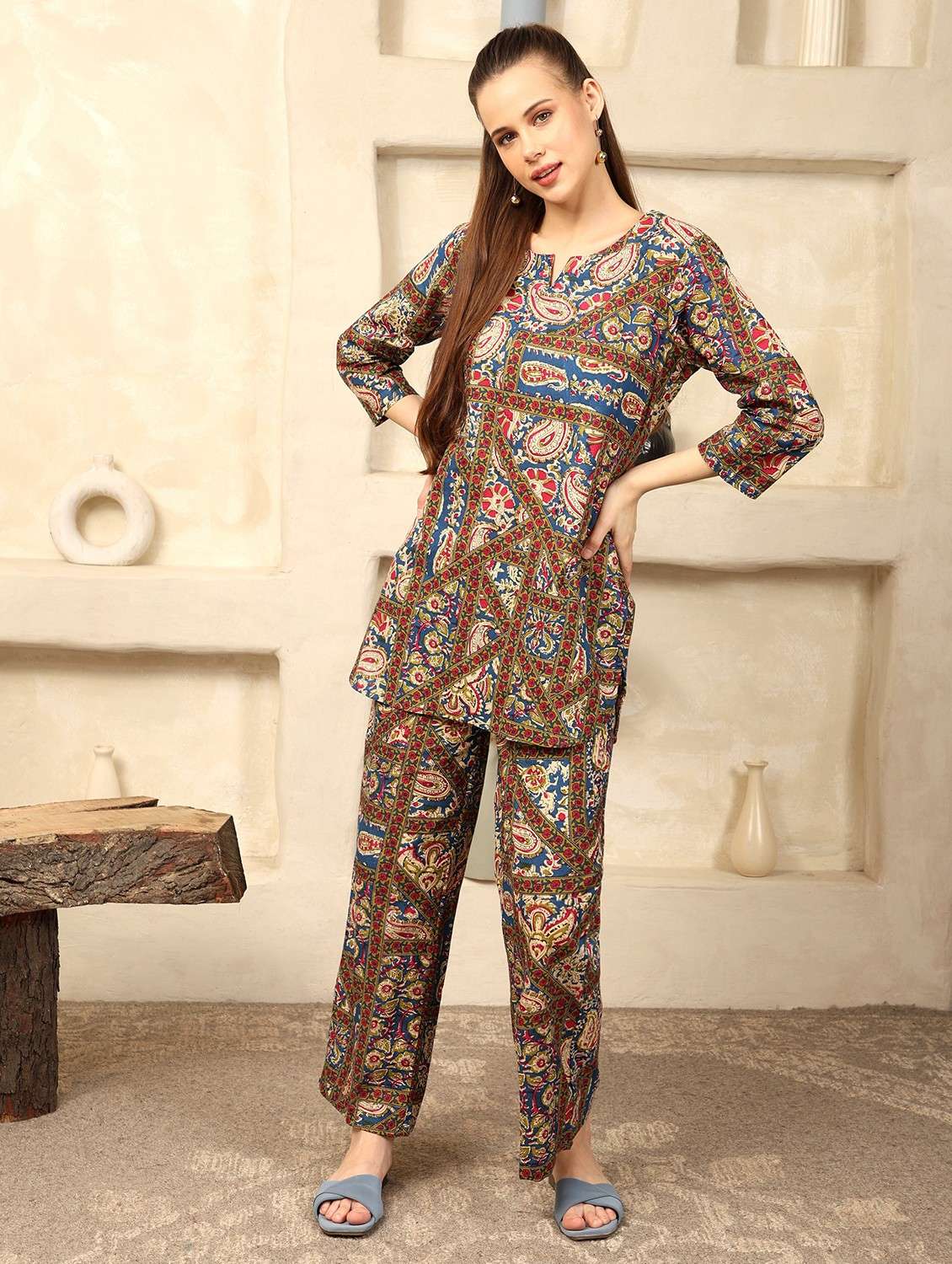 women paisley printed three quarter sleeve ethnic co-ord set - 21998205 - Standard Image - 2