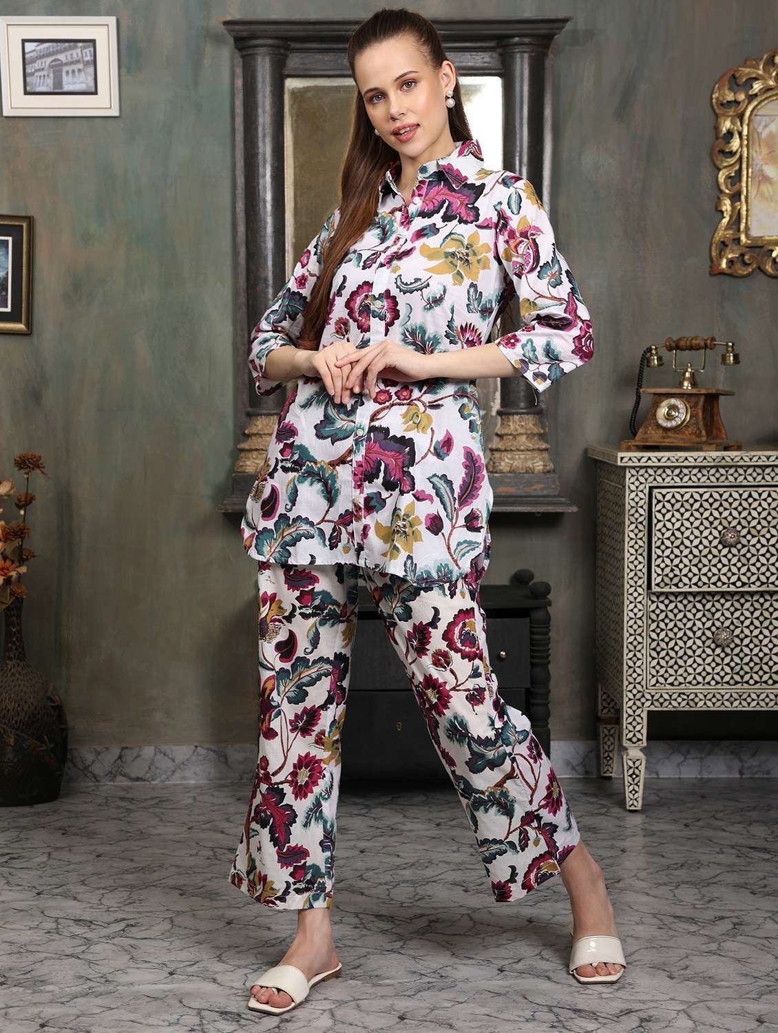 women floral printed three quarter sleeve ethnic co-ord set - 21998228 - Standard Image - 2