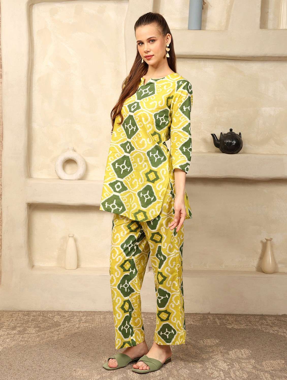 women ikat printed three quarter sleeve ethnic co-ord set - 21998239 - Standard Image - 2