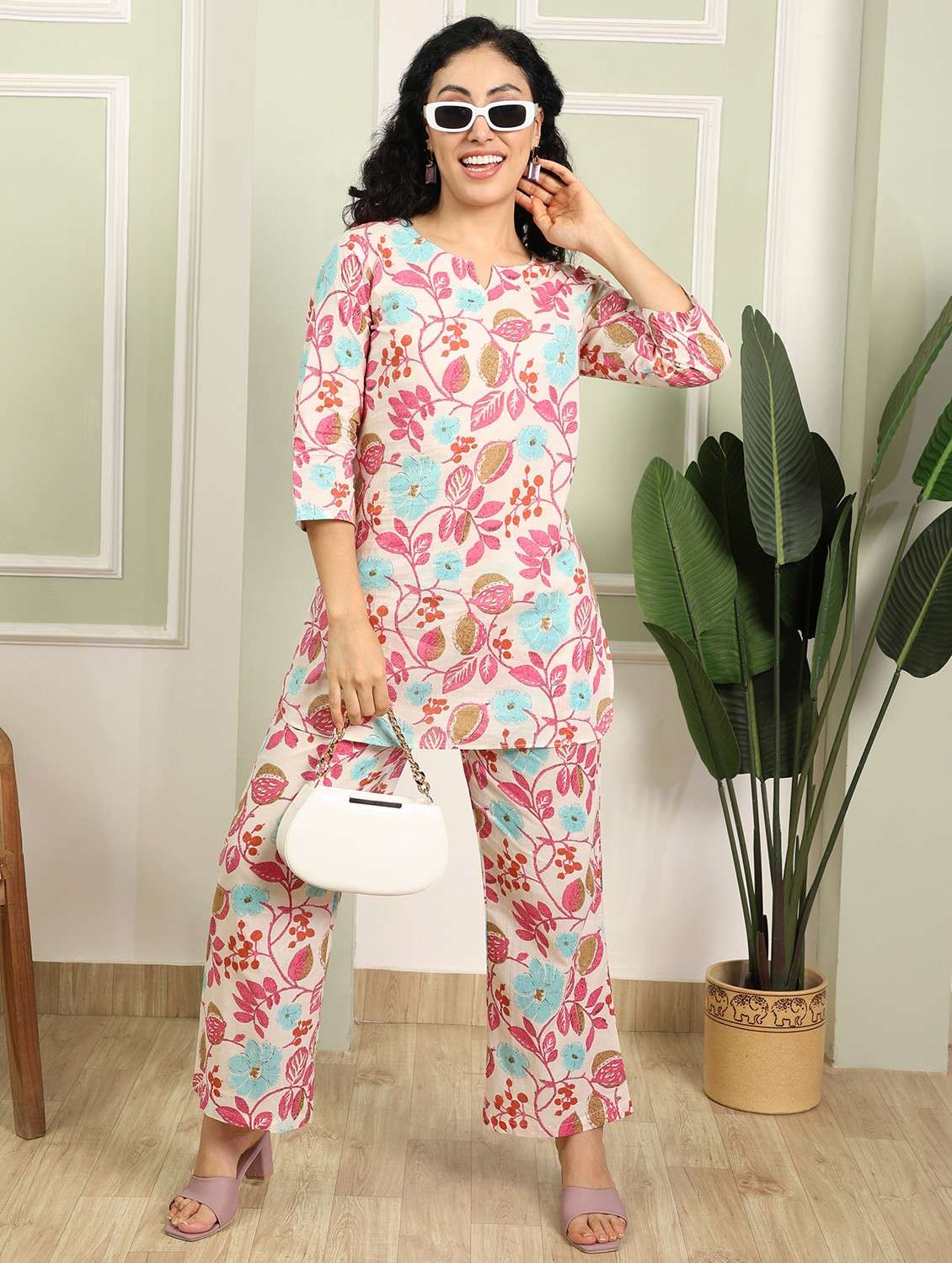 women floral printed three quarter sleeve ethnic co-ord set