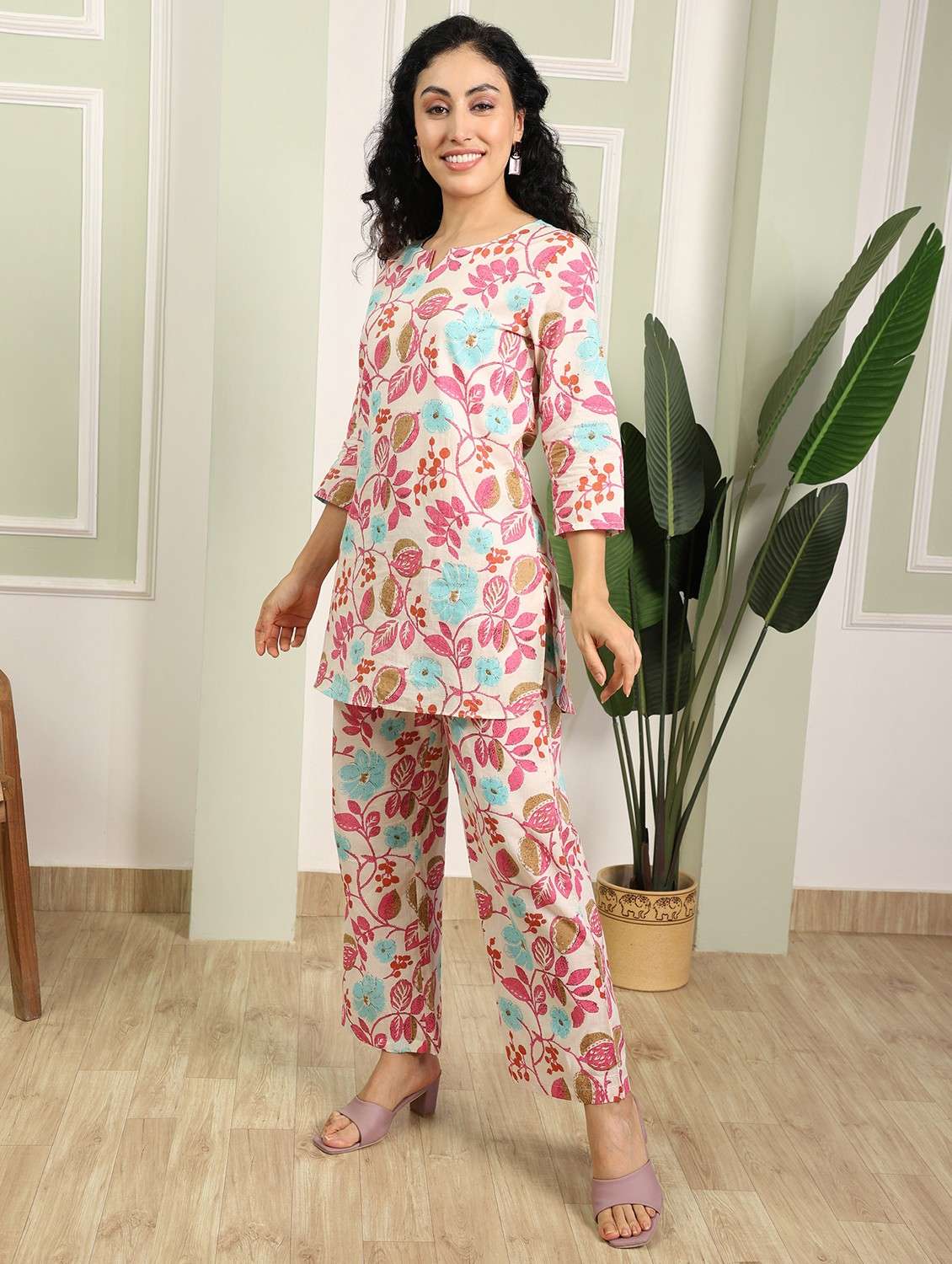 women floral printed three quarter sleeve ethnic co-ord set - 21998246 - Standard Image - 2