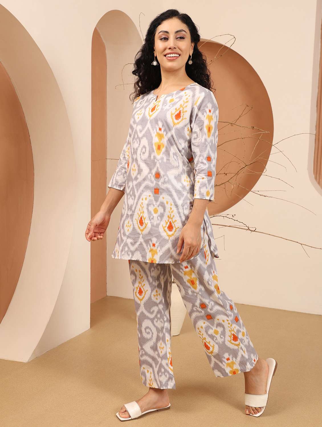 women ikat printed three quarter sleeve ethnic co-ord set - 21998256 - Standard Image - 2