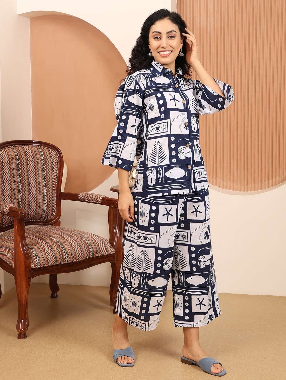 women printed three quarter sleeve ethnic co-ord set - 21998259 - Standard Image - 2