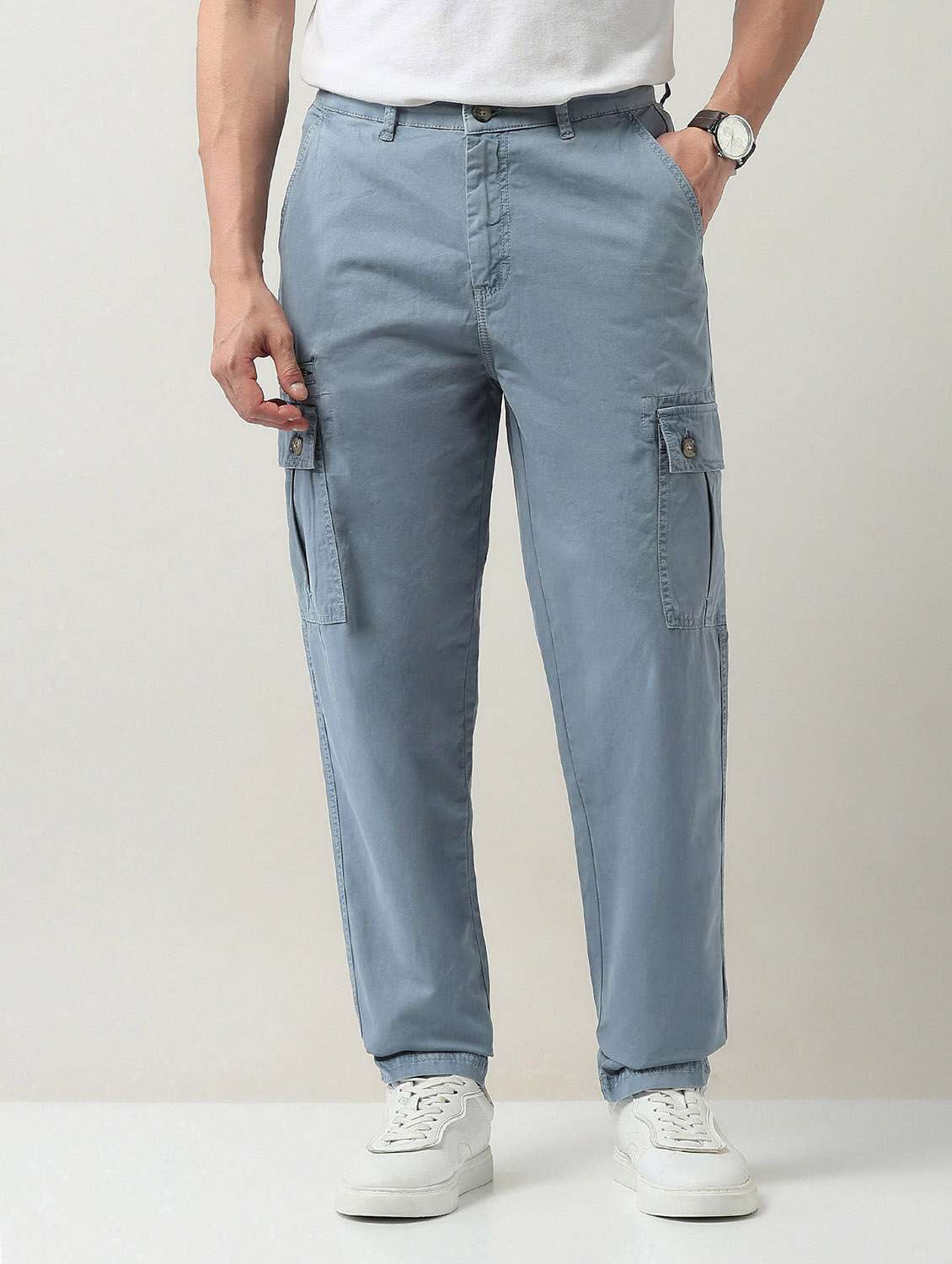 men solid mid rise relaxed fit denim cargo