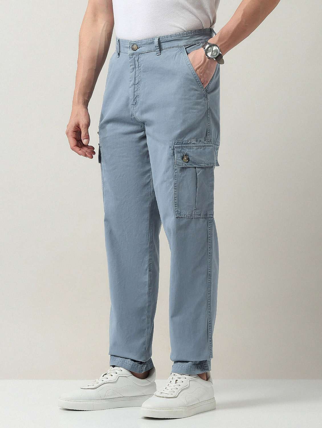 men solid mid rise relaxed fit denim cargo - 21998326 - Standard Image - 2
