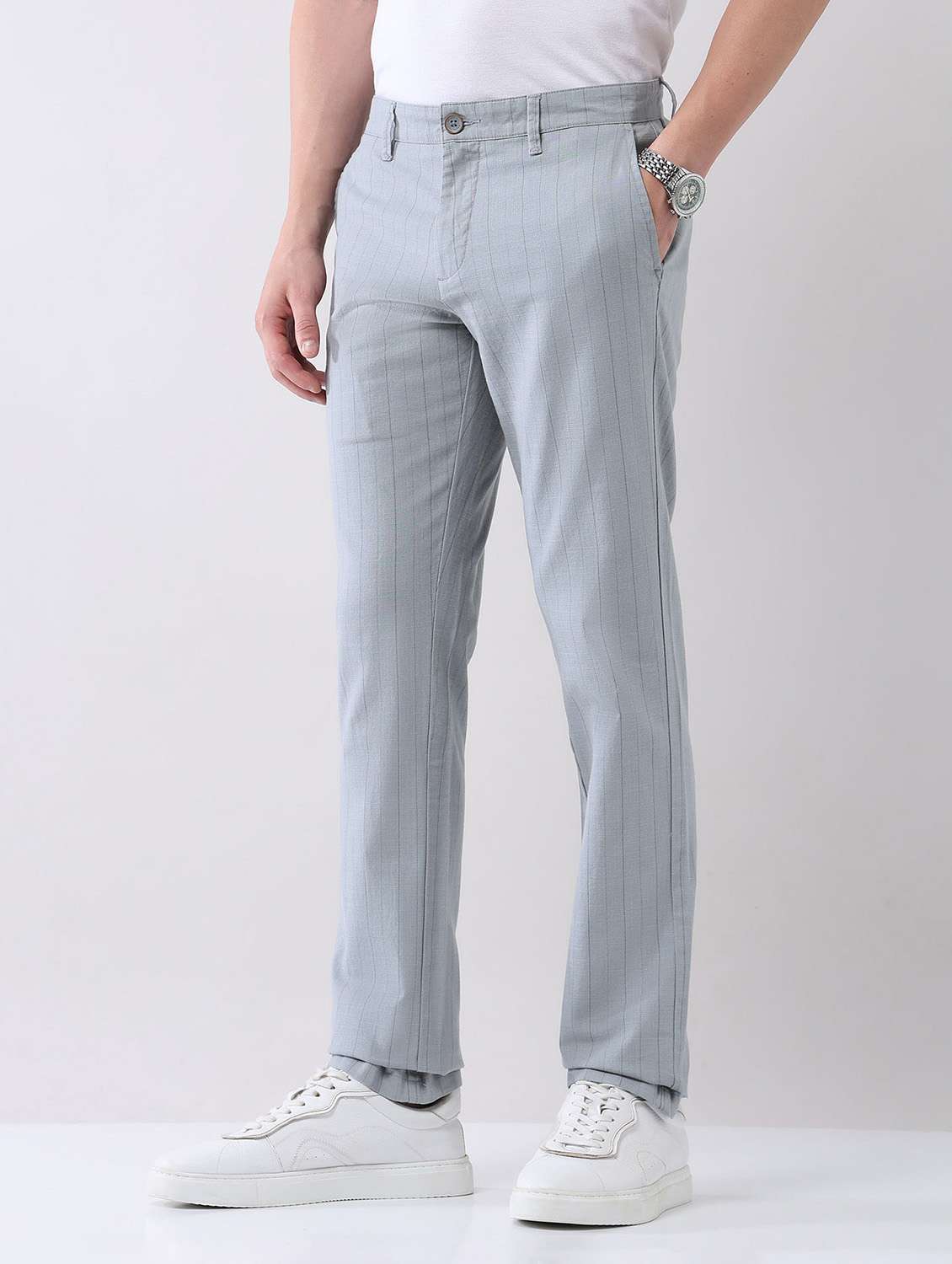 men striped mid rise straight fit chinos - 21998339 - Standard Image - 2