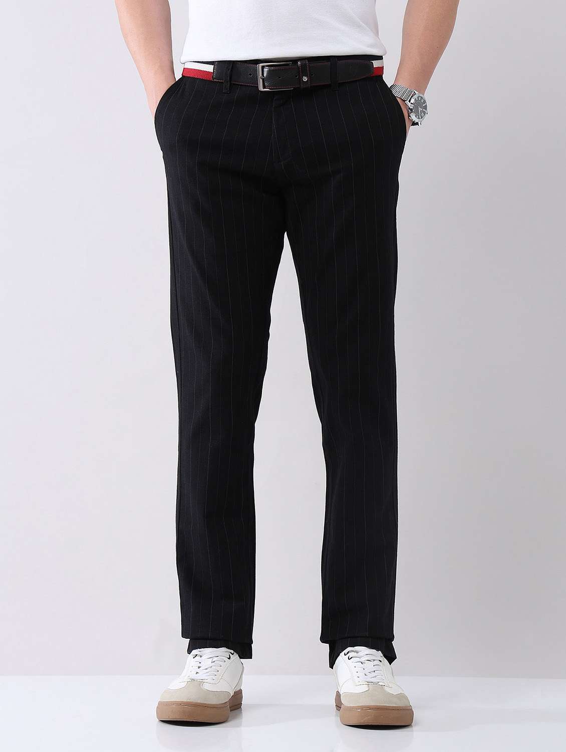 men striped mid rise straight fit chinos