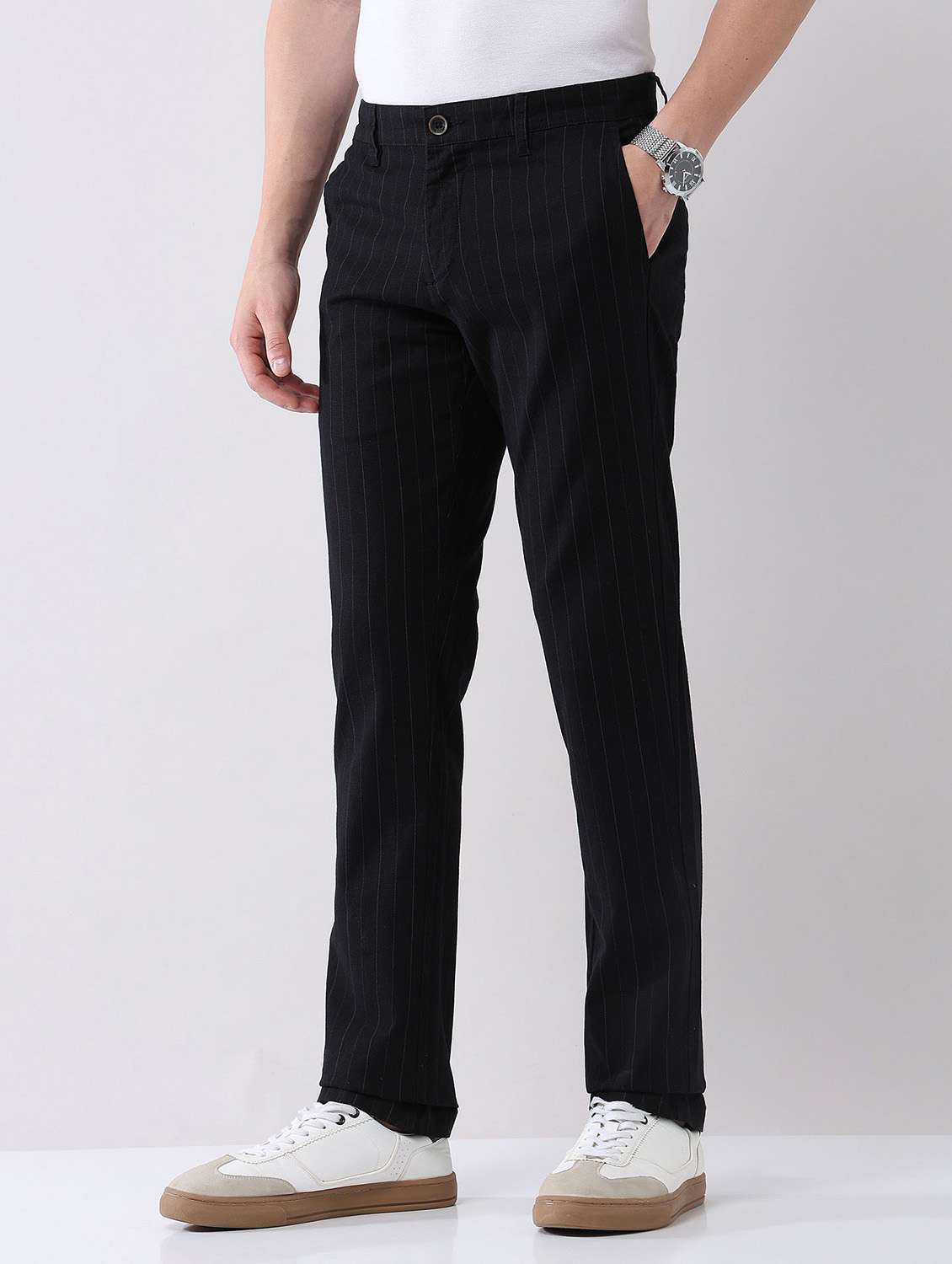 men striped mid rise straight fit chinos - 21998342 - Standard Image - 2
