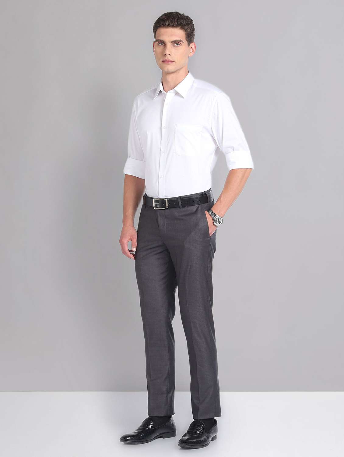 men solid mid rise slim fit formal trouser - 21998362 - Standard Image - 2