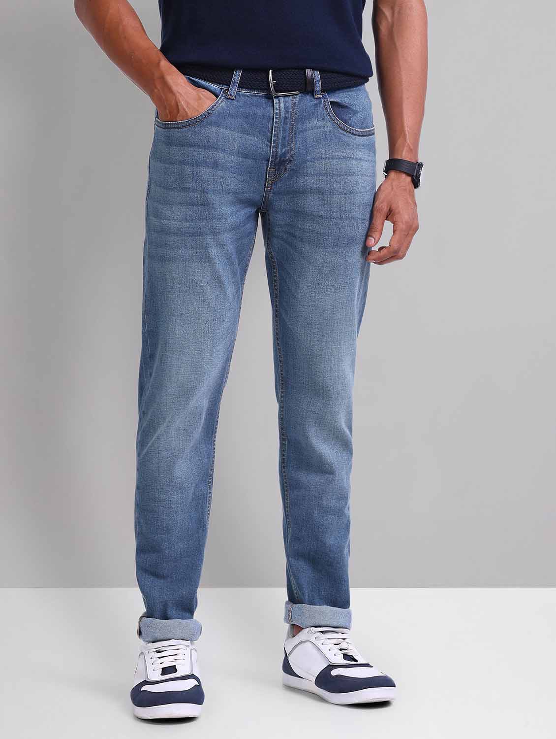 men washed mid rise slim fit jeans