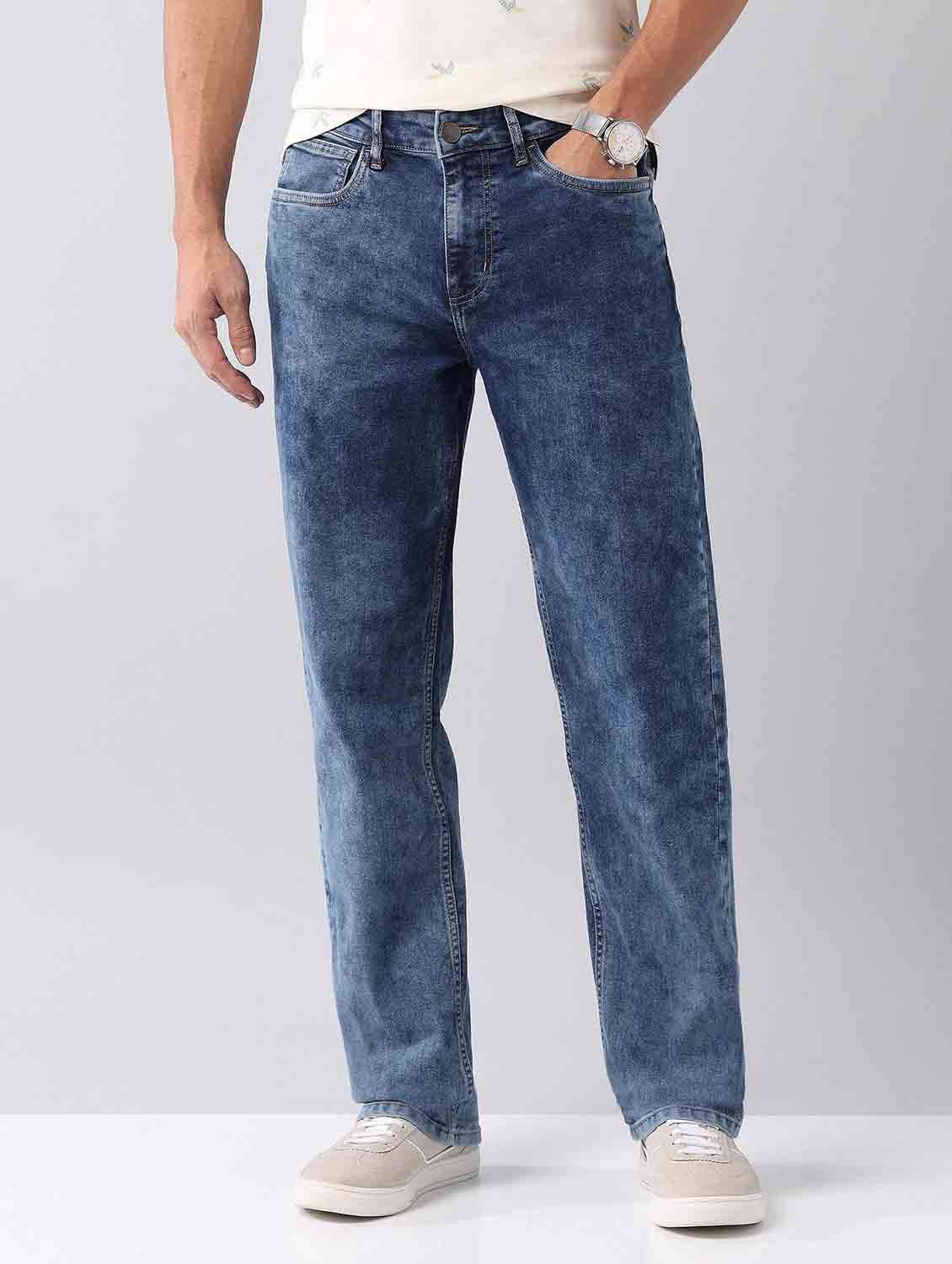 men washed mid rise straight fit jeans