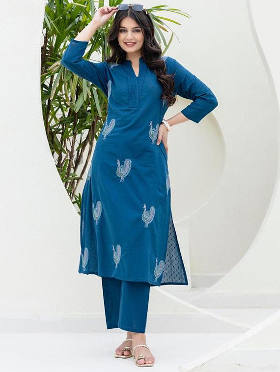 women solid with work three quarter sleeve kurta pant set - 21998513 - Standard Image - 2