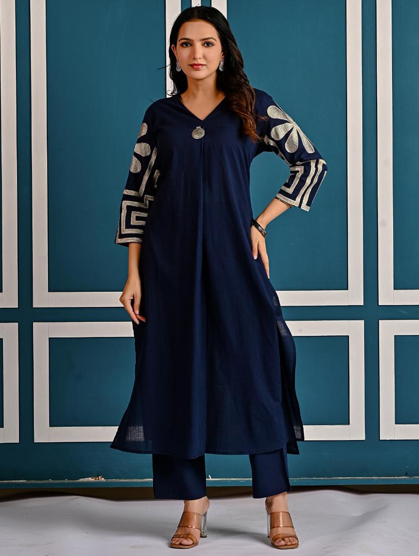 women solid with work three quarter sleeve kurta pant set - 21998516 - Standard Image - 2