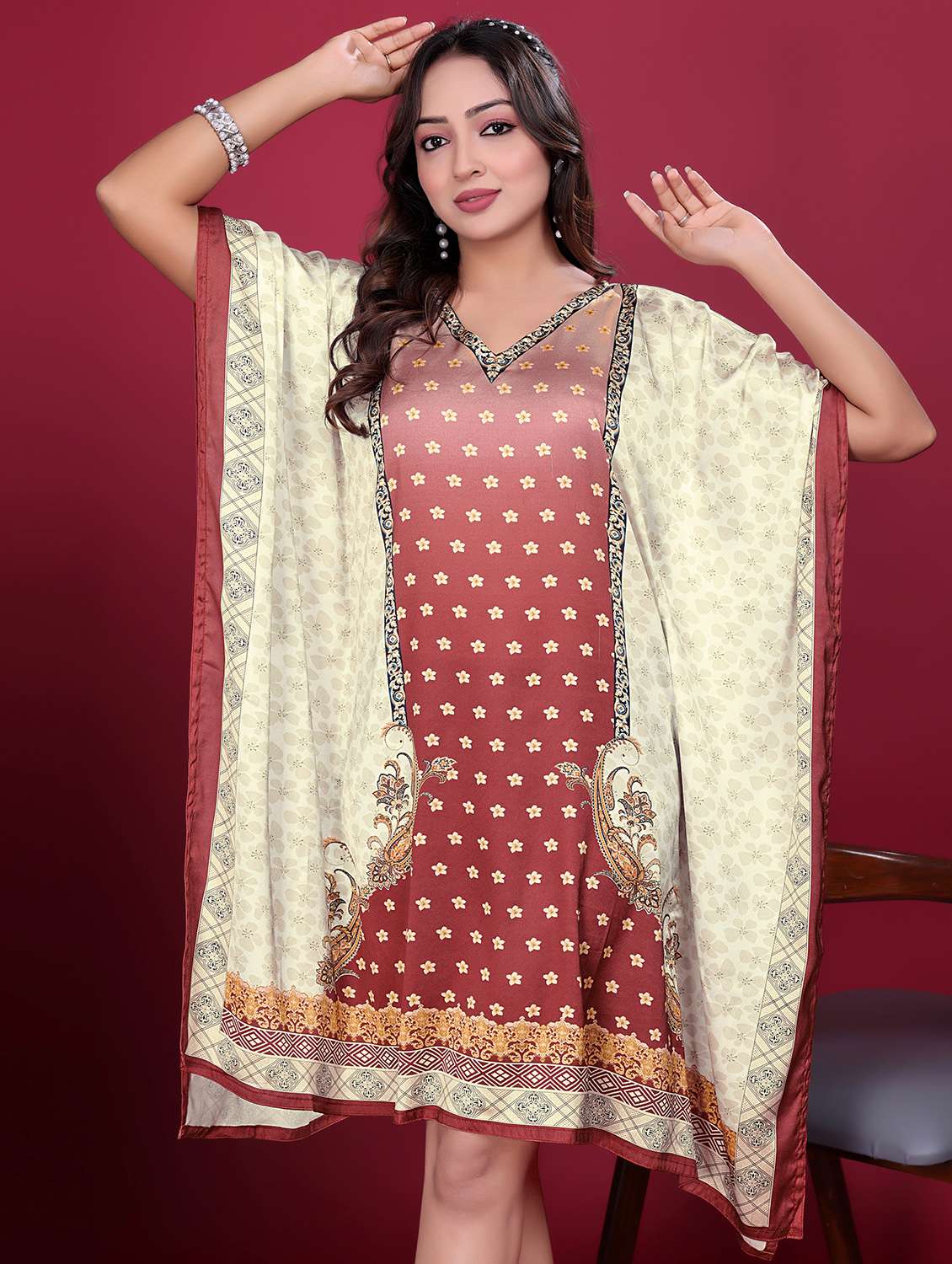 women printed kimono sleeve kaftan dress - 21998625 - Standard Image - 2