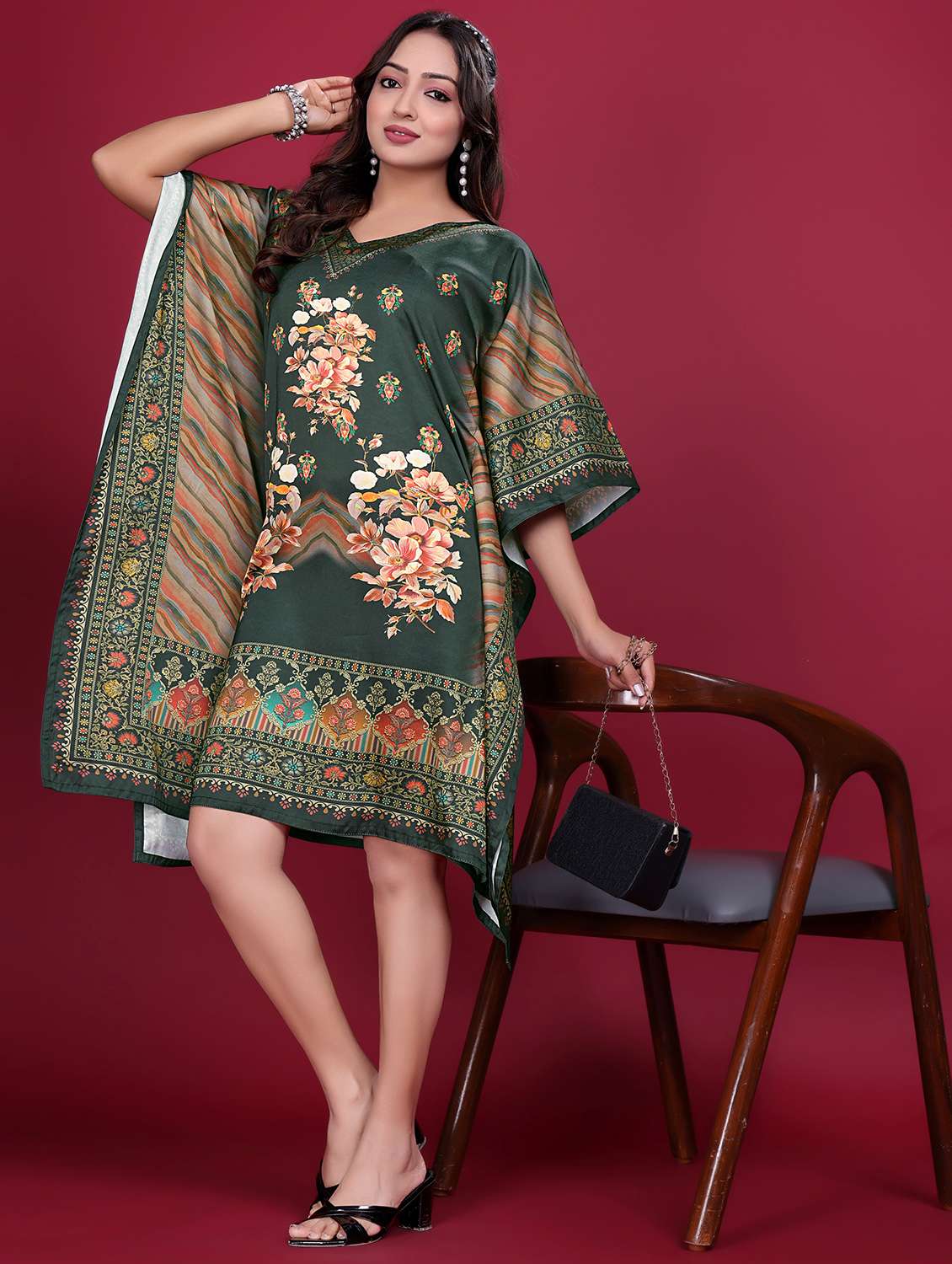 women printed kimono sleeve kaftan dress