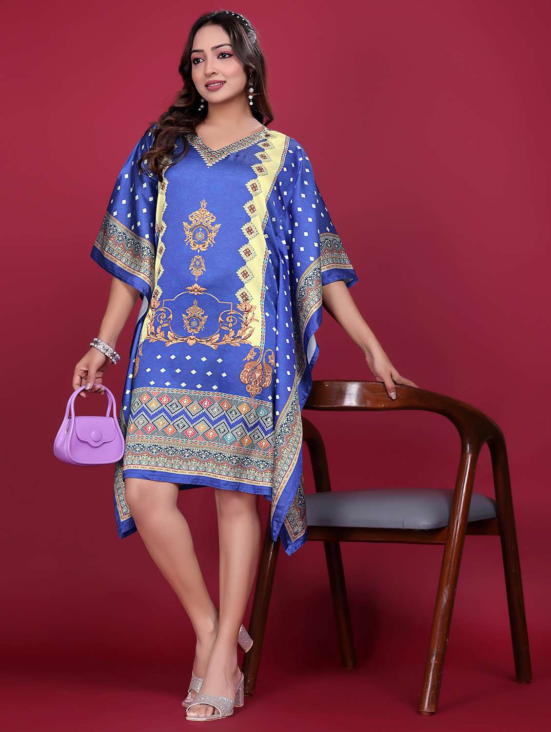 women printed kimono sleeve kaftan dress