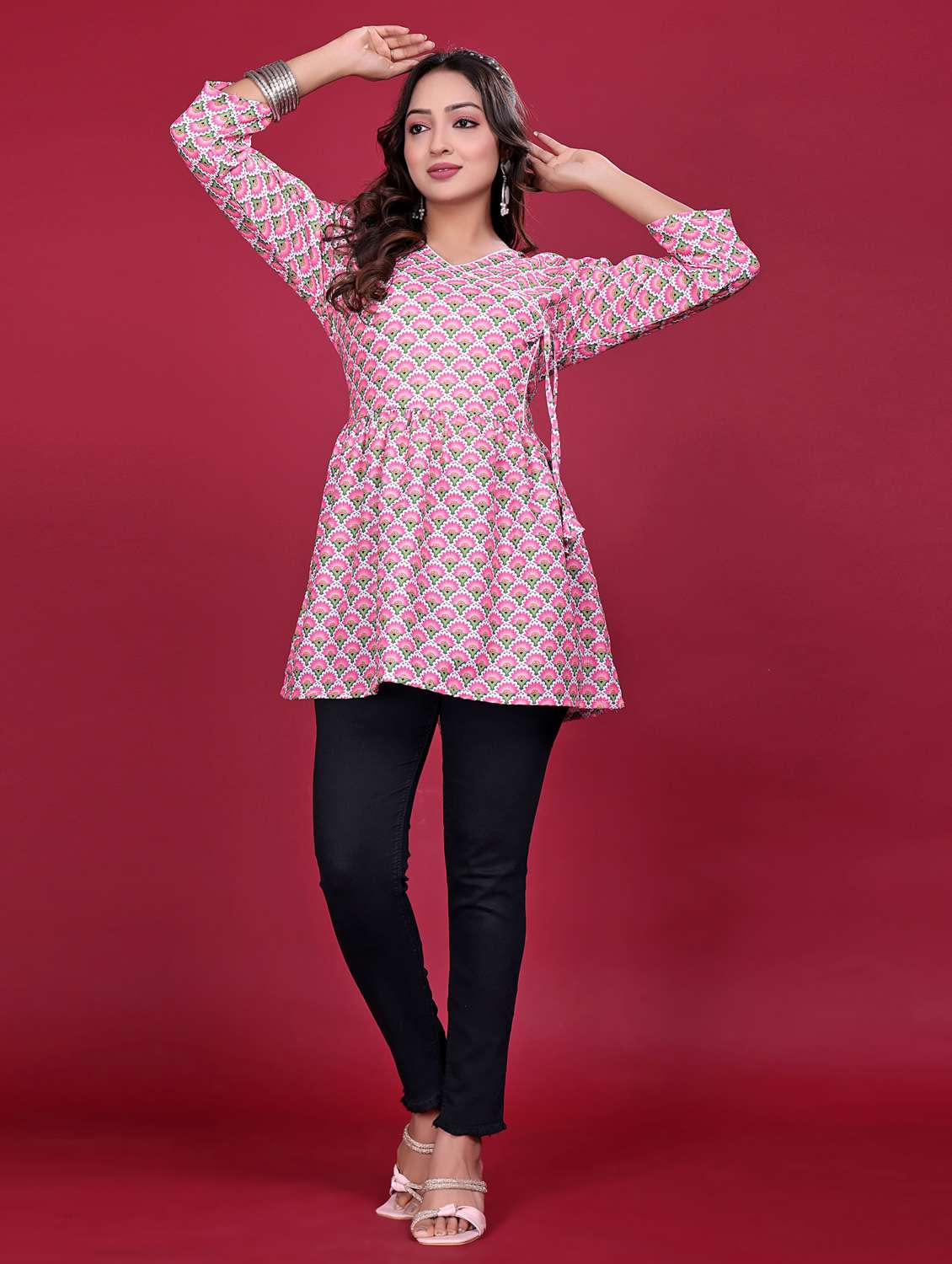 women printed three quarter sleeve flared kurti - 21998631 - Standard Image - 2