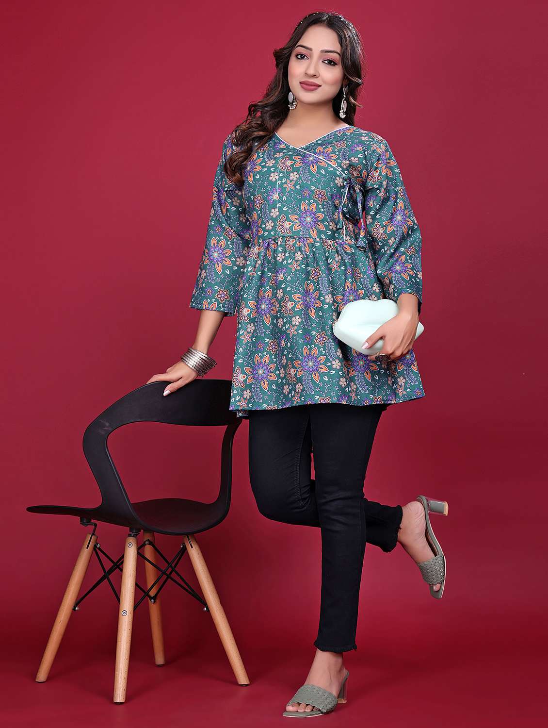 women printed three quarter sleeve flared kurti - 21998635 - Zoom Image - 0