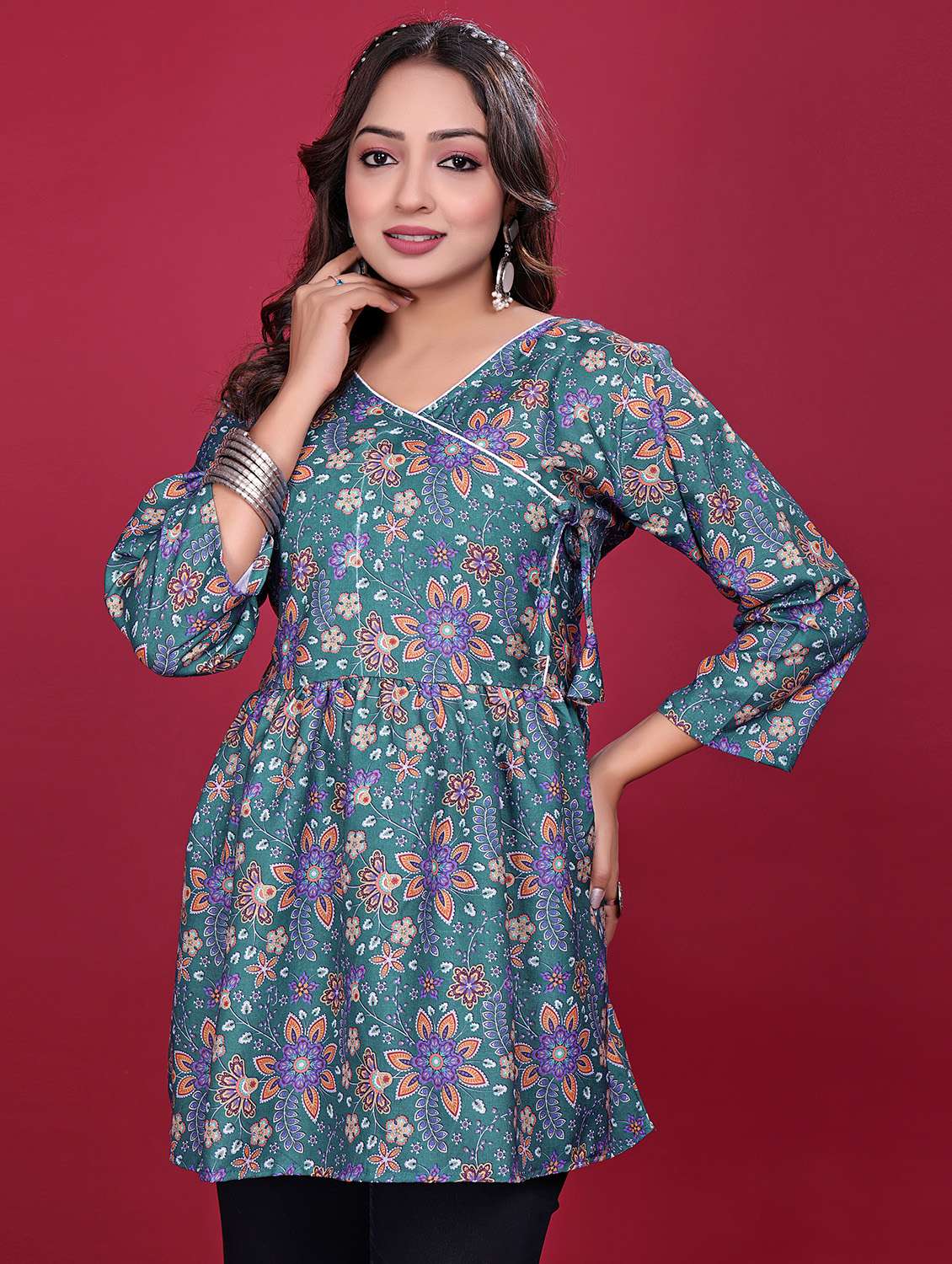 women printed three quarter sleeve flared kurti - 21998635 - Standard Image - 2