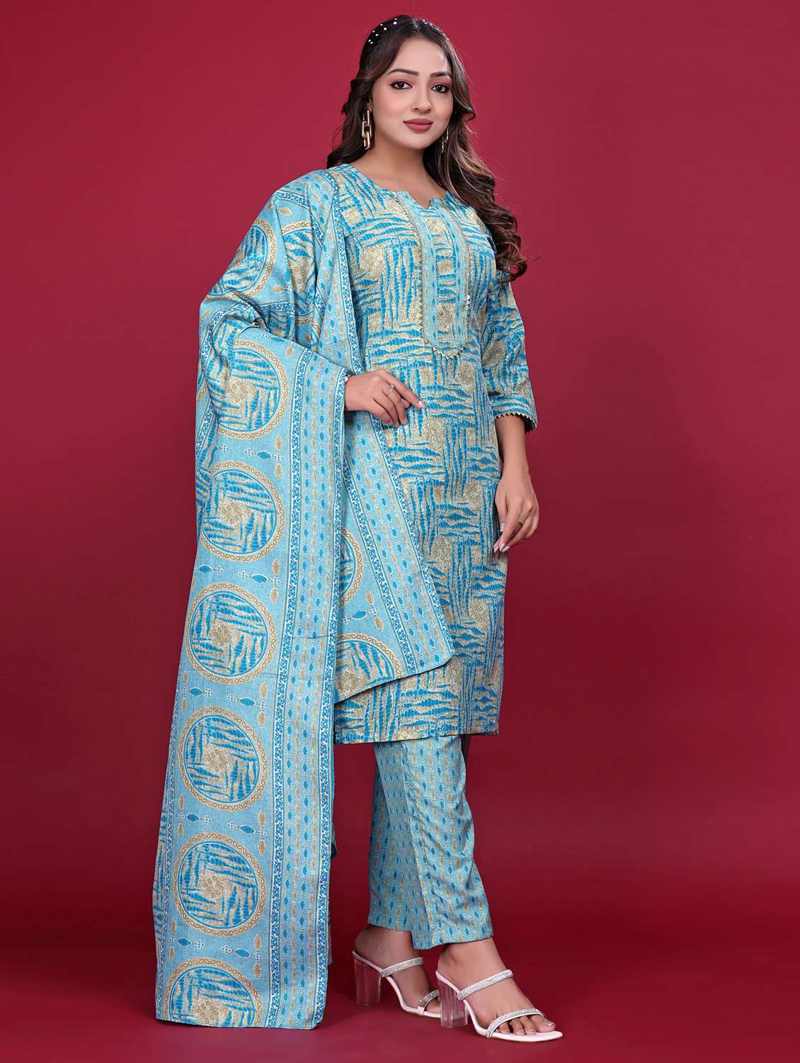 women printed three quarter sleeve kurta pant with dupatta set - 21998639 -  Standard Image - 2