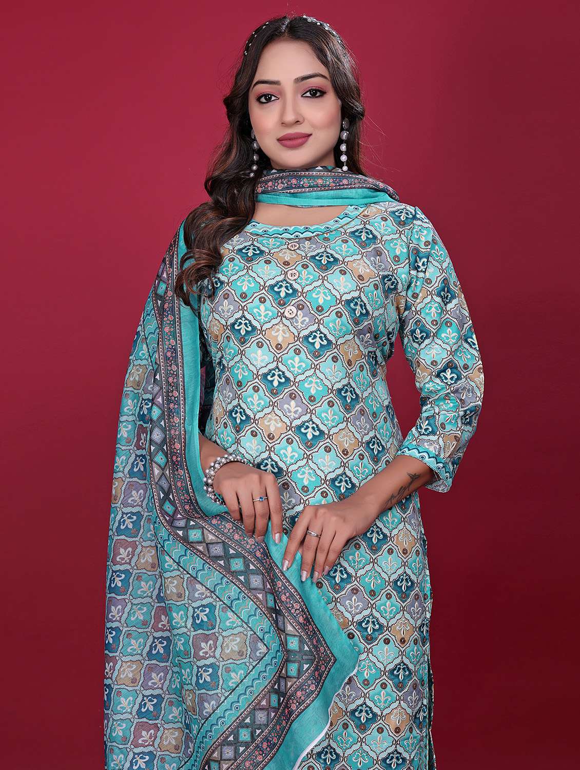 women printed three quarter sleeve kurta pant with dupatta set - 21998641 -  Standard Image - 2