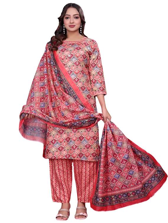women printed three quarter sleeve kurta pant with dupatta set - 21998642 - Standard Image - 2