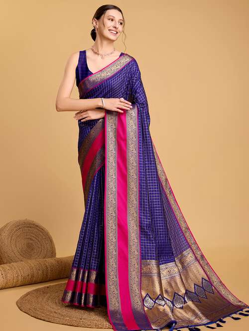 women checkered bordered saree with blouse - 21998801 -  Standard Image - 0