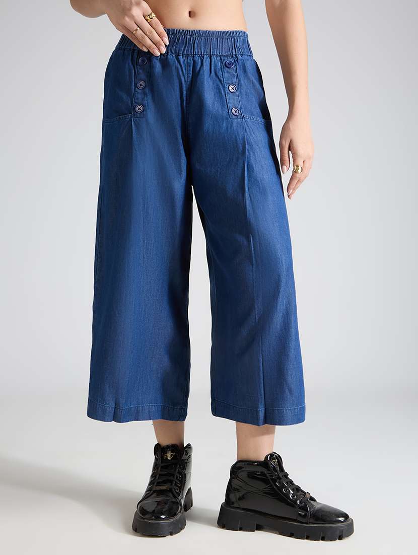 women solid mid rise wide leg jean